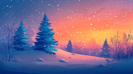 Fototapeta premium Winter Wonderland Sunset Snowy Landscape Pine Trees Falling Snow