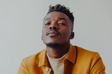 Obraz premium Capturing confidence and charisma of a man in a stylish mustard jacket against a minimalistic backdrop