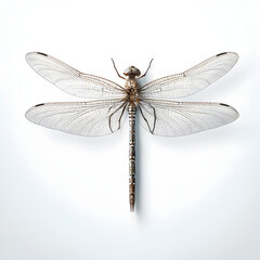 Dragonfly with wings spread, on a white background
