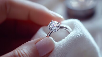 Jeweler carefully cleaning a diamond ring with a microfiber cloth, ensuring every facet shines. A that reveals the meticulous attention to detail required in fine jewelry care.