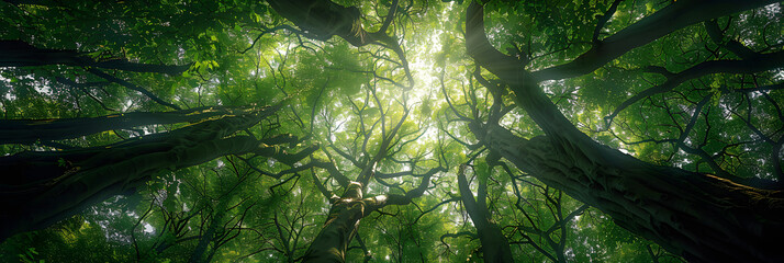 Fototapeta premium Serene Bottom View of Tall Trees in a Lush Forest with Sunlight Filtering Through Leaves