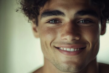 Obraz premium Young man with curly hair and captivating smile radiates joy in a sunlit room, reflecting carefree moments and youthful energy