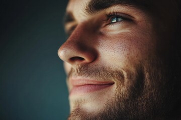 Fototapeta premium Reflecting on life, a young man gazes upward with a thoughtful smile highlighting hope and introspection in a cozy indoor setting during twilight hours