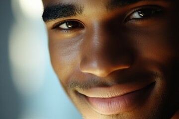 Fototapeta premium Capturing a moment of joy with a young man smiling softly and engaging with the viewer in a serene indoor environment during the early evening light