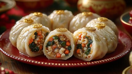 Delicious vegetable dumplings served on a festive plate featuring colorful fillings and decorative toppings