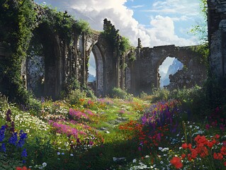 Overgrown ruins surrounded by colorful wildflowers