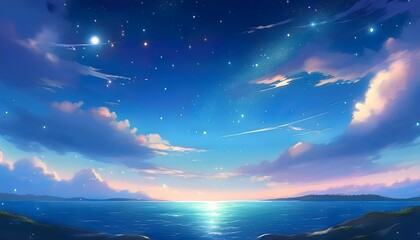 Fototapeta premium Anime style sky art wallpaper background. Fantasy sky with beautiful star falls with beautiful flares. Sea shore horizon view