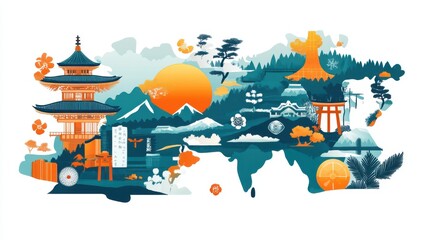 Japan Map with Prefectures and Travel Icons