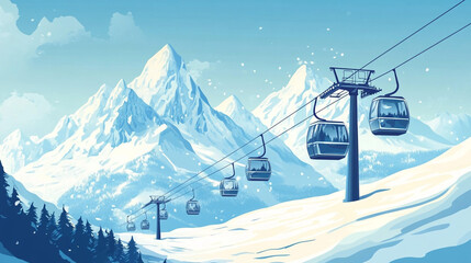 Scenic Gondola Lift Ascending Snowy Mountain Peaks