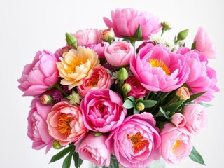 Fresh bouquet of pink peonies and roses arranged beautifully with space for text, copy space, arrangement, blooms