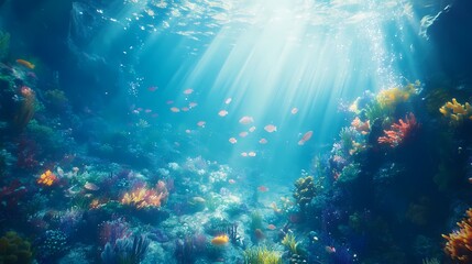 Fototapeta premium Underwater Scene with Colorful Coral Reefs and Tropical Fish Illuminated by Sunlight Breaking Through the Water Surface in a Vibrant Marine Environment