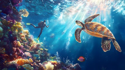 Obraz premium Underwater Scene of a Diver Swimming with a Majestic Turtle Among Vibrant Coral Reef in a Sunlit Ocean Environment