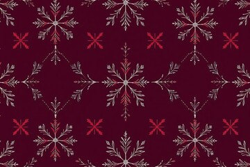 Winter Wonderland Snowflake Pattern: A seamless pattern of delicate white snowflakes and crimson cross motifs on a rich burgundy background, perfect for winter-themed designs and festive celebrations.