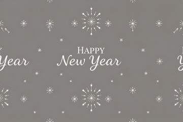 Happy New Year Pattern: A festive and elegant design featuring the words "Happy New Year" adorned with delicate fireworks and snowflakes on a gray background. Perfect for greeting cards, invitations.