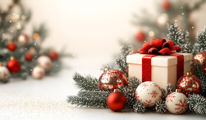 A white box with a red ribbon sits on a table with a bunch of red and white Christmas ornaments