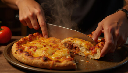 Steaming stuffed pizza being sliced on a rustic table