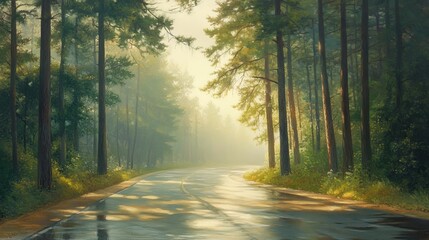 Fototapeta premium Road in the spring forest in rain. Perfect asphalt mountain road in overcast rainy day. Roadway with reflection and pine trees. Vintage style. Transportation. Empty highway in foggy woodland. Travel