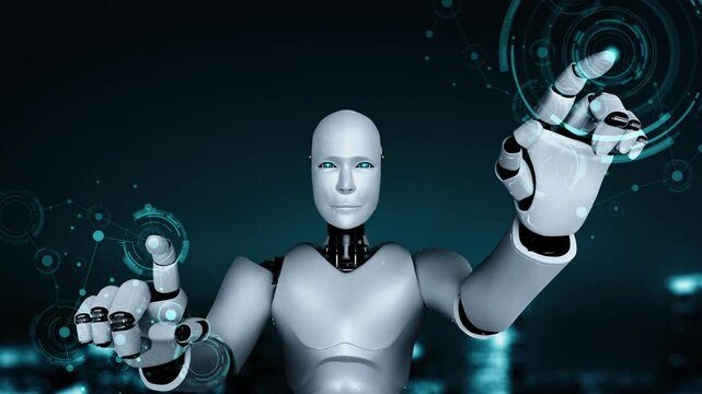 Futuristic robot artificial intelligence huminoid AI programming coding technology development and machine learning concept. Robotic bionic science research for future of human life. 3D rendering.