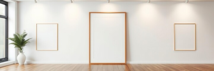 Minimalist wooden frame on wooden floor with space for custom artwork or design, modern, interior, display