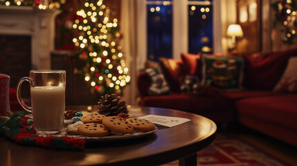 Naklejka premium Christmas Cookies and Milk for Santa with Child’s Note in Cozy, Warmly Lit Living Room