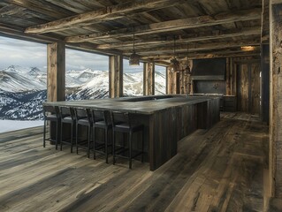 Fototapeta premium Modern rustic kitchen with panoramic mountain views and wooden decor.
