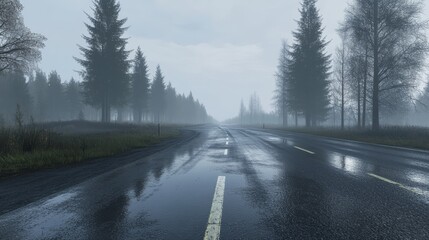 Road in the spring forest in rain. Perfect asphalt mountain road in overcast rainy day. Roadway with reflection and pine trees. Vintage style.  Transportation. Empty highway in foggy woodland. Travel