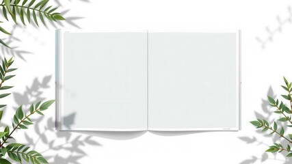 Open magazine mockup with shadows of plants on a customizable background, customizable background, graphic design