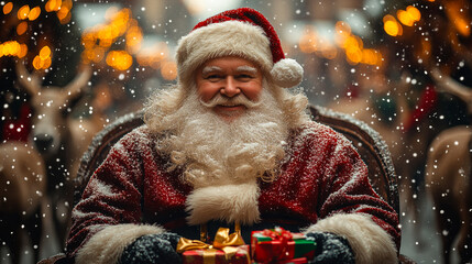 A smiling Santa Claus is sitting in a chair with a red suit and a white hat. He is holding a gift in his hands