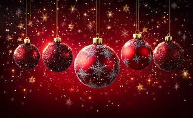 A red and white Christmas scene with five red ornaments hanging from the ceiling. The scene is festive and joyful, with the red ornaments representing the holiday season