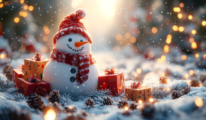Obraz premium A snowman wearing a red hat and scarf sits on a snowy field next to a box of presents