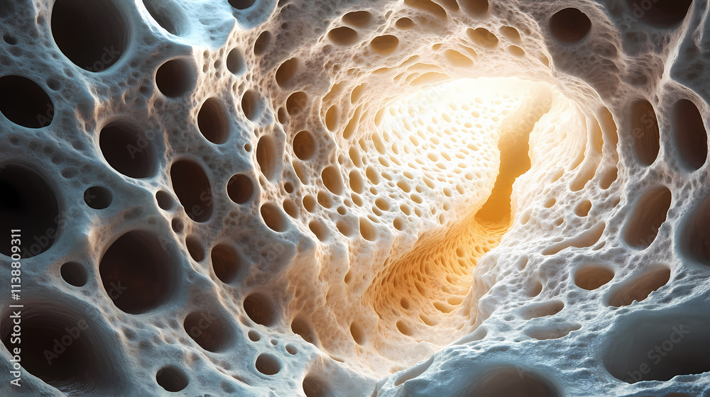 Fototapete abstract 3d rendering of a porous, cavernous, organic structure with light at the end. cavernous. il