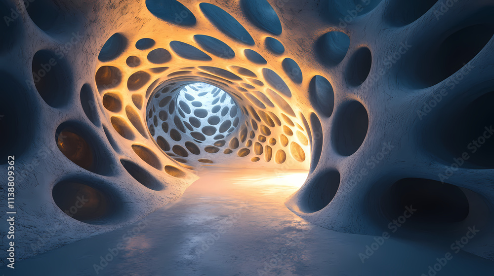 Fototapete abstract 3d rendering of a porous, cavernous, organic structure with light at the end. cavernous. il