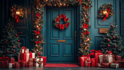 Fototapeta premium A blue door with a wreath and a red ribbon on it. The door is surrounded by a Christmas tree and other decorations