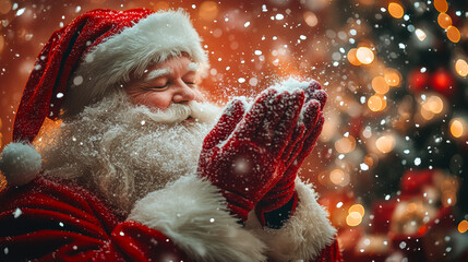 A smiling santa with red gloves and a red hat blowing snow. Scene is cheerful and festive