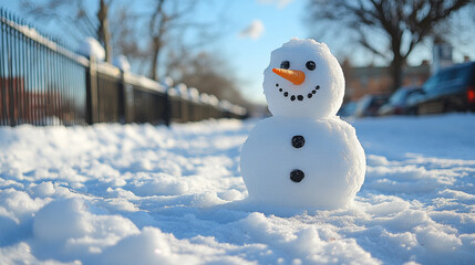 A snowman with a carrot nose and a smile on his face stands in the snow. The scene is peaceful and serene, with the snowman as the main focus