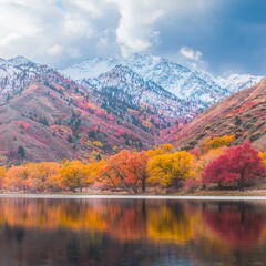 Obraz premium Scenic autumn landscape with colorful trees and snow-capped mountains.