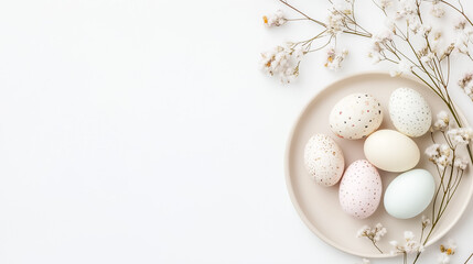 Obraz premium Pastel-colored eggs sit gracefully on a soft plate, complemented by tiny flowers, creating a serene spring atmosphere
