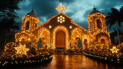 Obraz premium A church is lit up with Christmas lights and a cross on top. The church is surrounded by a garden with many trees and flowers. Scene is festive and joyful