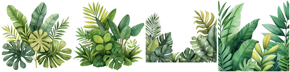 Naklejka premium Path of beginning, start, exploration, A vibrant arrangement of various green leaves and tropical plants showcasing diverse shapes and textures.