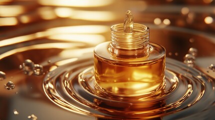 A glass dropper bottle filled with golden oil rests on a rippling surface, capturing light and creating beautiful reflections. The ambiance is warm and inviting, enhancing the oil's rich color
