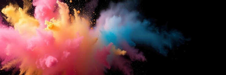 Naklejka premium Vibrant explosion of colored powder against a black backdrop, colorful explosion, bright, explosion of color