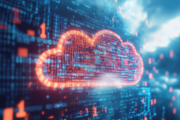 Abstract representation of data cloud, with floating binary code that symbolizes cloud computing and AI-driven data analysis. Dynamic design conveys innovation, technology, and digital connectivity