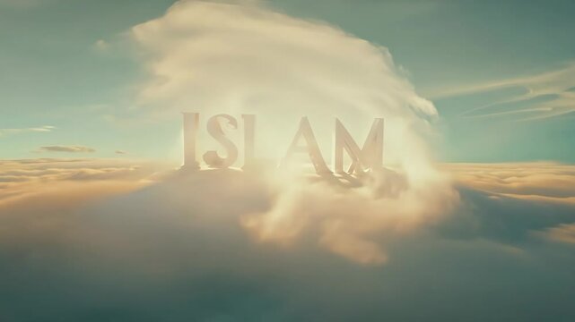 The image is of a cloud with the word Islam written in white letters. The word is written in a way that it is floating in the sky, giving the impression of a spiritual or divine message