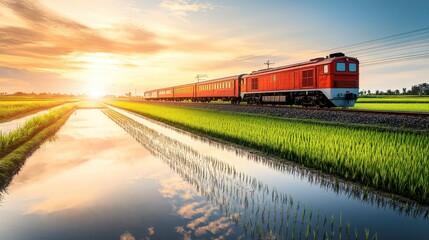 Fototapeta premium Scenic Train Journey Through Rice Paddy Landscape