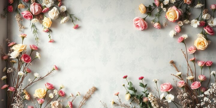 Vintage style artificial flower wall background perfect for adding a touch of elegance to any event or shoot, retro, wall background