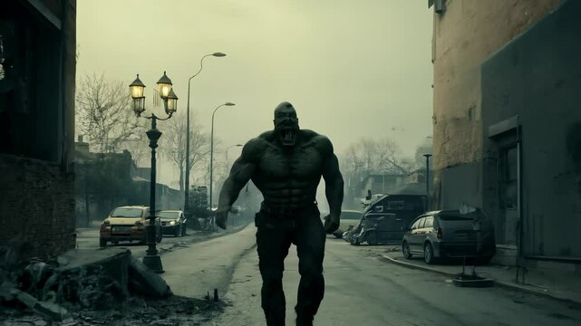 A hulking zombie with a missing jaw walks down a deserted street lined with flickering, broken street lamps, casting long shadows in the eerie post-apocalyptic setting