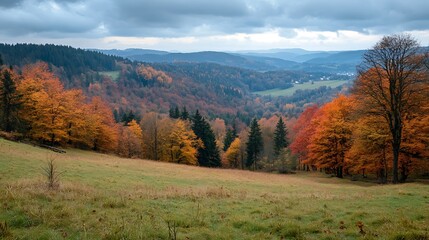 Autumnal Mountain Valley Landscape. Colorful Fall Foliage. Scenic View.