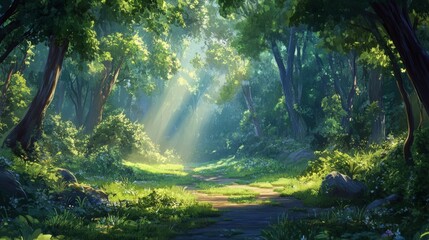 Obraz premium Sunlight through green trees in a serene forest, a peaceful scene of natures beauty