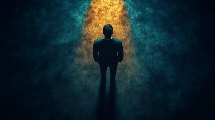 Fototapeta premium A man is standing in the dark with a light shining on him
