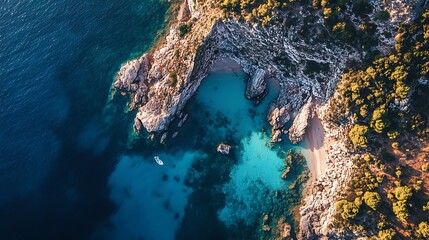 Aerial view of a hidden cove with turquoise water and a secluded beach. Concept of travel, nature, and paradise.